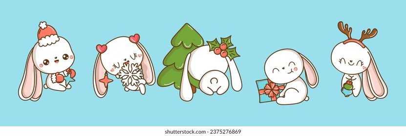 Set of Vector Christmas Hare Illustrations. Collection of Kawaii Isolated Christmas Bunny Art for Stickers. 