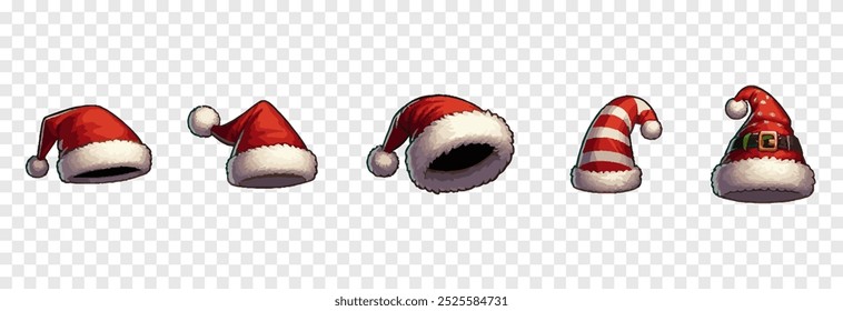 Set of vector Christmas hats. Christmas hats png. Christmas hats in different designs. Santa Claus hat png.