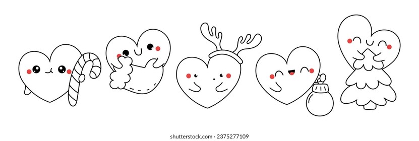 Set of Vector Christmas Heart Coloring Page. Collection of Kawaii Isolated New Year Character Outline. 