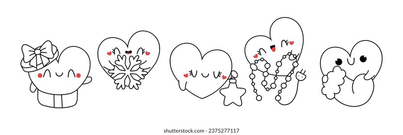 Set of Vector Christmas Heart Coloring Page. Collection of Kawaii Isolated New Year Character Outline. 