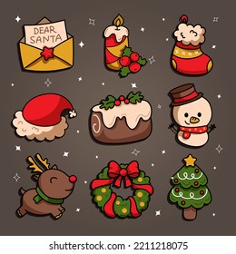 Set of vector Christmas icons.  candle, donut, candy, hat, mittens isolated on dark background.