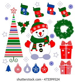 Set of vector Christmas icons cartoon. Elements isolated on white (red, blue, green).Snowman, Christmas tree, Christmas ball. Merry Christmas and happy New year!