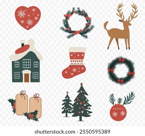 Set of vector Christmas icons elements design, Heart, Wreath, Deer, Snow House, Socks, Sign, Christmas Tree, Ball