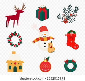 Set of vector Christmas icons elements design, Gift box, Stocking, Wreath, cookies, Christmas tree, candy, cookies, showman, house, Deer