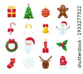Set of Vector Christmas Icons. Gift, Pine, Ball, Santa, Candle, Gingerbread Man, Candy, Bell, Mistletoe Wreath and such Things. Isolated on White Background. 