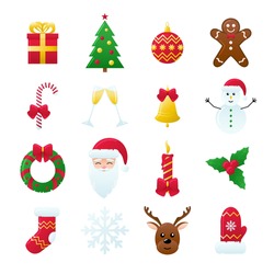 Set Of Vector Christmas Icons. Gift, Pine, Ball, Santa, Candle, Gingerbread Man, Candy, Bell, Mistletoe Wreath And Such Things. Isolated On White Background. 