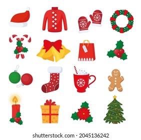 Set of Vector Christmas Icons. Gift, Pine, Ball, Santa, Candle, Gingerbread Man, Candy, Bell, Mistletoe Wreath and such Things. Isolated on White Background. eps 10