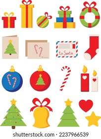 Set of Vector Christmas Icons. Gift, Pine, Balls, Presents, Christmas trees, postcards, Candle, , Mistletoe Wreath and such Things. Isolated on White Background.