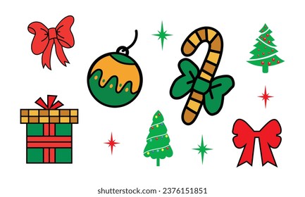 Set of Vector Christmas Icons. Gift, Pine, Ball, Santa, Candle, Gingerbread Man, Candy, Bell, Mistletoe Wreath and such Things. Isolated on White Background etc.