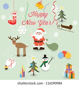 Set of vector Christmas icons,santa, balls, sweet, snowman, gift, deer