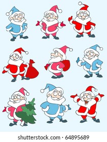 Set of vector christmas illustrations depicting Santa Clause in various figures