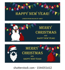 Set of vector christmas illustrations. Christmas garlands, Christmas balls, snowman, Santa Claus hat, beard, mustache, bag with gifts. Set of elements for banners, flyers, cards.
