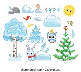 Set of vector Christmas illustrations on a winter theme with animals. Christmas collection of snow pictures.