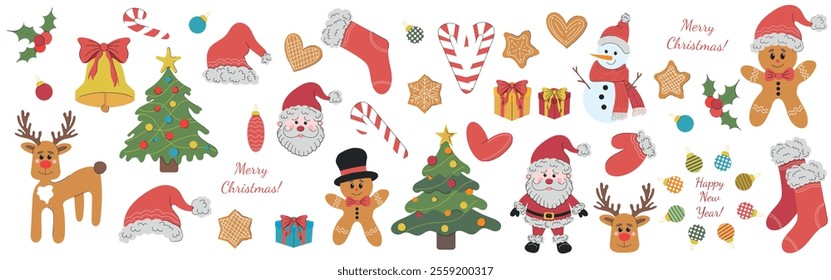 Set of vector Christmas illustrations on white background. Hand drawn flat colored icon. Reindeer, santa claus, gingerbread cookies, christmas tree, stocking, glove, candy cane, jingle bells