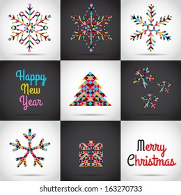 Set of vector Christmas illustrations with snowflakes, Christmas tree in abstract style
