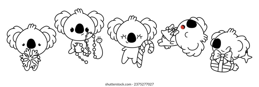 Set of Vector Christmas Koala Bear Coloring Page. Collection of Kawaii Isolated New Year Animal Outline. 