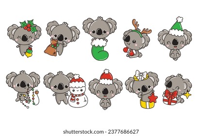 Set of Vector Christmas Koala Bear Illustrations. Collection of Kawaii Isolated Christmas Animal Art for Stickers. 