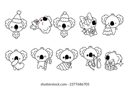 Set of Vector Christmas Koala Bear Coloring Page. Collection of Kawaii Isolated New Year Animal Outline. 