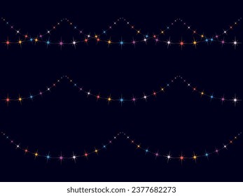 Set of Vector Christmas light garlands of bright sparkling magical neon multi-colored stars, sparks and particles  shining with special light.