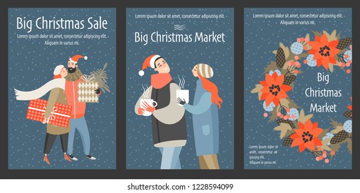 Set of vector Christmas market flyers. Illustrations of funny cartoon characters on the big Christmas sale.