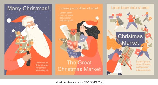 Set of vector Christmas market flyers. Illustrations of funny cartoon people and Santa Claus. Image for banner design for the big Christmas sale.