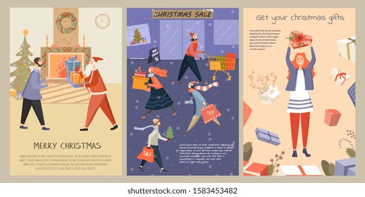 Set of vector Christmas market flyers. Illustrations of funny cartoon people and Santa Claus. Image for banner design for the big Christmas sale