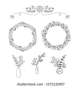 Set of Vector Christmas monoline floral items. Bouquets, xmas frames and dividers. Calligraphy for holiday greeting card. Illustration