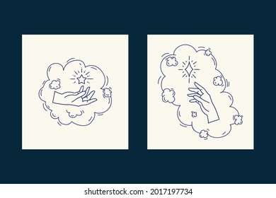 Un conjunto de tarjetas místicas vectoriales navideñas. Ilustración de una mano y la luna en un círculo de estrellas. Tarjetas para adivinar la fortuna para Navidad. Ilustración del vector
