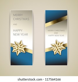 Set of vector christmas / New Year banners with golden ribbon and bow