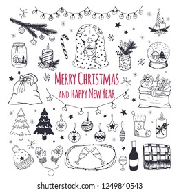 Set of vector Christmas and New Year 
objects. Holiday decorations, gifts, warm clothes, 
snowflakes and Christmas trees. Hand drawing. 
Year of the pig.