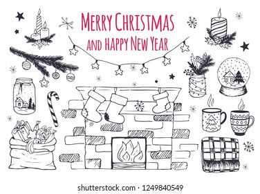 Set of vector Christmas and New Year 
objects. Holiday decorations, gifts, warm clothes, fireplace,
snowflakes and Christmas trees. Hand drawing. 