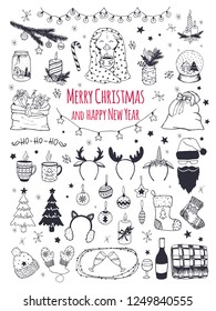 Set of vector Christmas and New Year 
objects. Holiday decorations, gifts, warm clothes, 
snowflakes and Christmas trees. Hand drawing. 
Year of the pig.