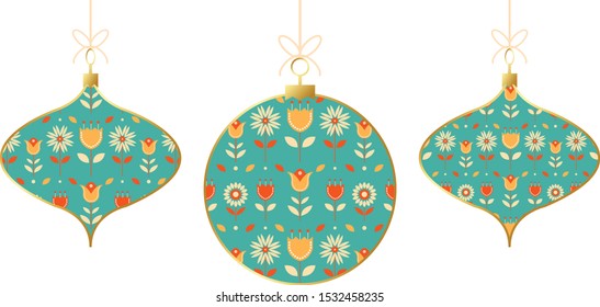 Set of vector Christmas and New Year geometric Christmas balls with flowers. Scandinavian design