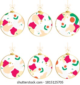Juego de bolas vectoriales navideñas y geométricas de Año Nuevo. Diseño escandinavo