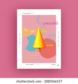 Set of vector Christmas and New Year holiday gift posters. Xmas flyers and brochures, greeting cards, group bright covers. Design with realistic Christmas tree. Bright blue, pink and gold colors.