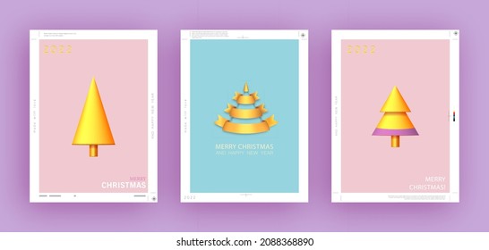 Juego de vectores de afiches de regalo de Navidad y Año Nuevo. Folletos y folletos de Navidad, tarjetas de felicitación, portadas para grupos brillantes. Diseño con un árbol de Navidad realista. Colores azul claro, rosa y dorado.