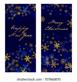 Set of vector christmas and New Year vertical banners 2018. Silver and golden snowflakes on dark blue background