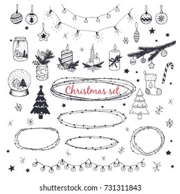 Set of vector Christmas and New Year objects. Holiday decorations, gifts, snowflakes and Christmas trees. Hand drawing.