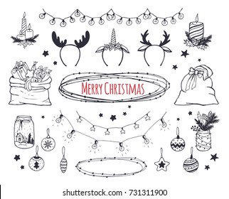 Conjunto de objetos vectoriales de Navidad y Año Nuevo. Decoración y regalos de vacaciones. Dibujo manual.