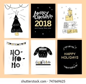 Set of vector Christmas, New year congratulation card designs. Scandinavian style illustration. Simple cute hand made xmas card collection. Contour icon and text message isolated on white background.