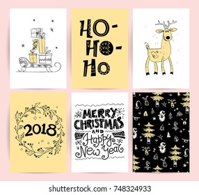 Set of vector Christmas, New year congratulation card designs. Scandinavian style illustration. Simple cute hand made xmas card collection. Contour icon and text message isolated on white background.