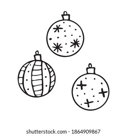 Set of Vector Christmas outline tree balls. Elements of New year and xmas design in doodle style, isolated. Simple hand drawn illustration for greeting cards, calendars, prints, coloring book