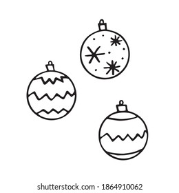 Set of Vector Christmas outline tree balls. Elements of New year and xmas design in doodle style, isolated. Simple hand drawn illustration for greeting cards, calendars, prints, coloring book