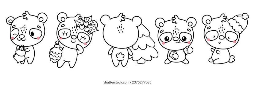 Set of Vector Christmas Panda Coloring Page. Collection of Kawaii Isolated New Year Animal Outline. 