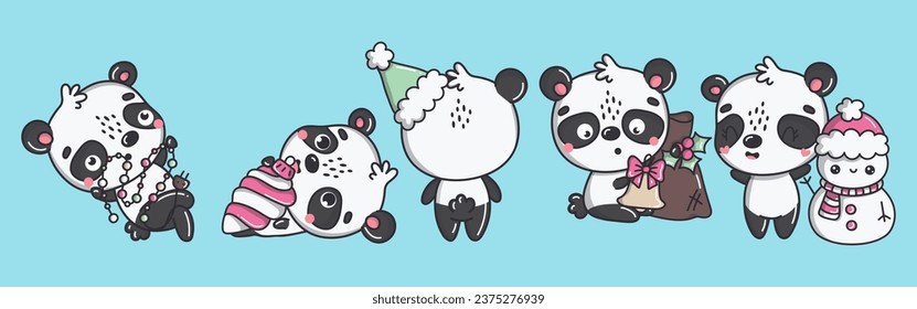 Set of Vector Christmas Panda Illustrations. Collection of Kawaii Isolated Christmas Animal Art for Stickers. 
