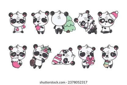 Set of Vector Christmas Panda Illustrations. Collection of Kawaii Isolated Christmas Animal Art for Stickers. 