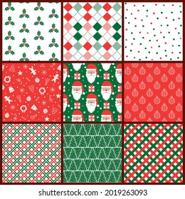 set of vector Christmas patterns, 9 different patterns, red and green colors