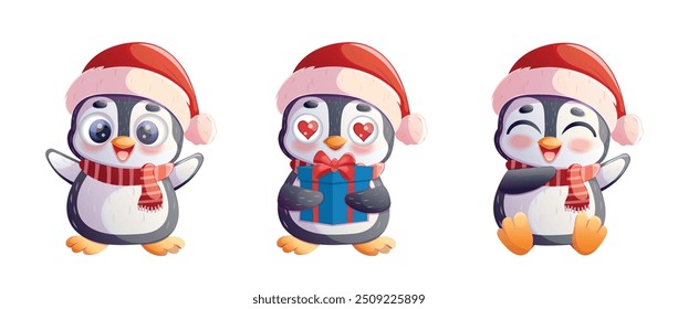 Un conjunto de personajes de pingüinos de Navidades de Vector. Un personaje de pingüino sobre un fondo blanco para el diseño de una tarjeta de Navidad, invitación, cartel. Ilustración vectorial.