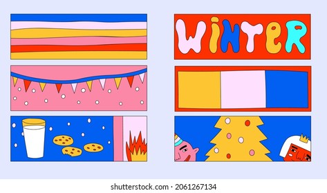 Set of vector Christmas prints. Funky and groovy 80s new year party. Horizontal pop art vibrant stripes for creating posters. Back for social media template contents. Psychedelic comic postcards