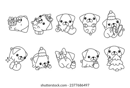 Set of Vector Christmas Pug Dog Coloring Page. Collection of Kawaii Isolated New Year Dog Outline. 